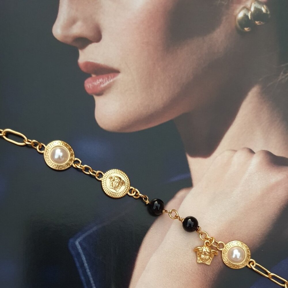Women Gold Metal Chain Versace Medusa Bracelet Pearl Stones Accessory Jewelry